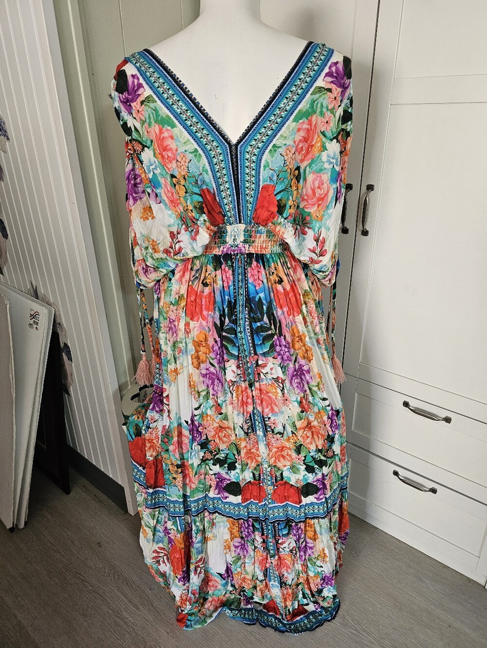 American Beauty Floral Boho Maxi Dress Size L New NWT Rayon Kimono Sleeve - Picture 3 of 11